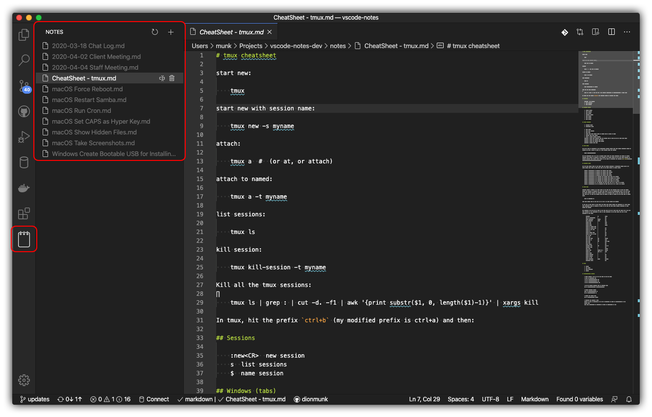 Captura de pantalla: VS Code usando Notes